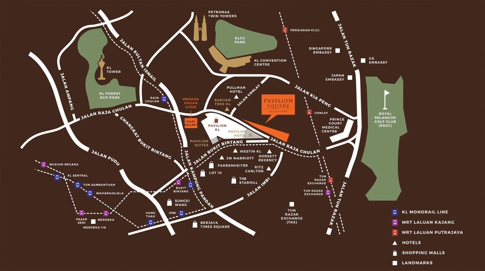 Pavilion Square neighbourhood map showing nearby landmarks, malls, hotels and transit
